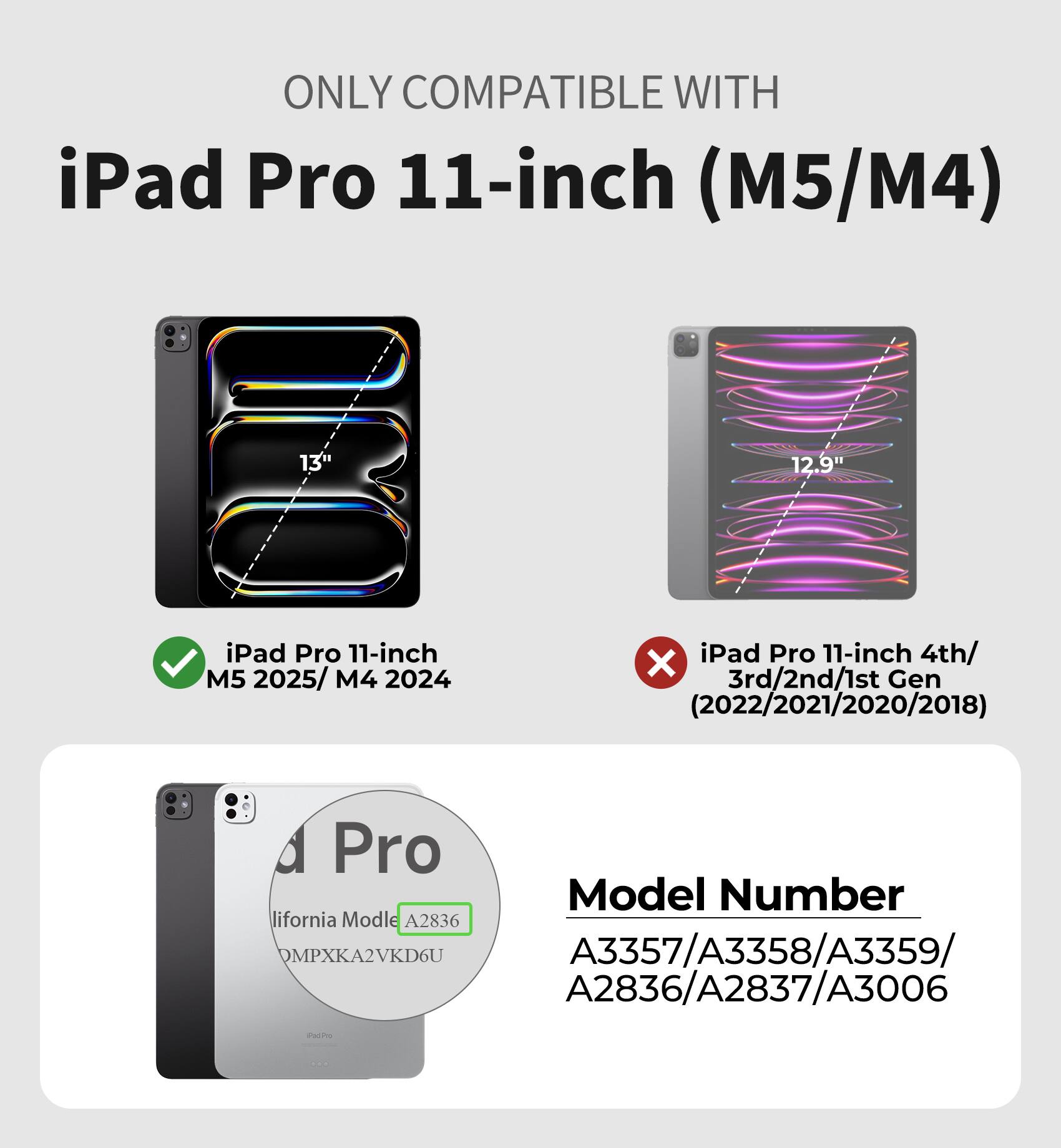 ONLY COMPATIBLE WITH  
iPad Pro 11-inch (M5/M4)  
13" 12.9" iPad Pro 11-inch M5 2025/ M4 2024  
iPad Pro 11-inch 4th/ 3rd/2nd/1st Gen 2022/2021/2020/2018  

Model Number  
A3357/A3358/A3359/  
A2836/A2837/A3006  

California Model A2836  
OMPXKA2VKD6U