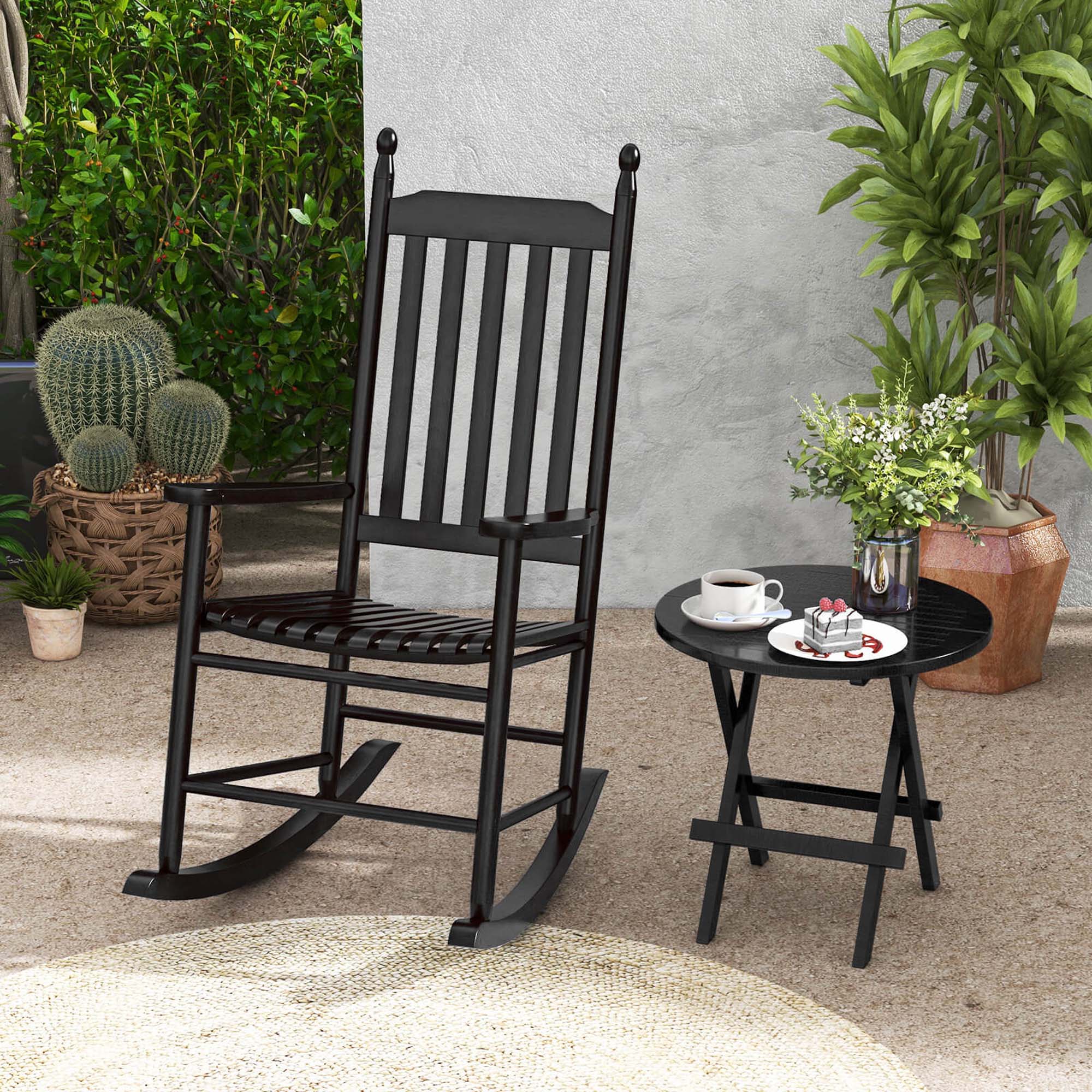Angle. Costway - Outdoor Wooden Rocking Chair with Solid Rocking Base Slatted Seat & Back Patio - Black.