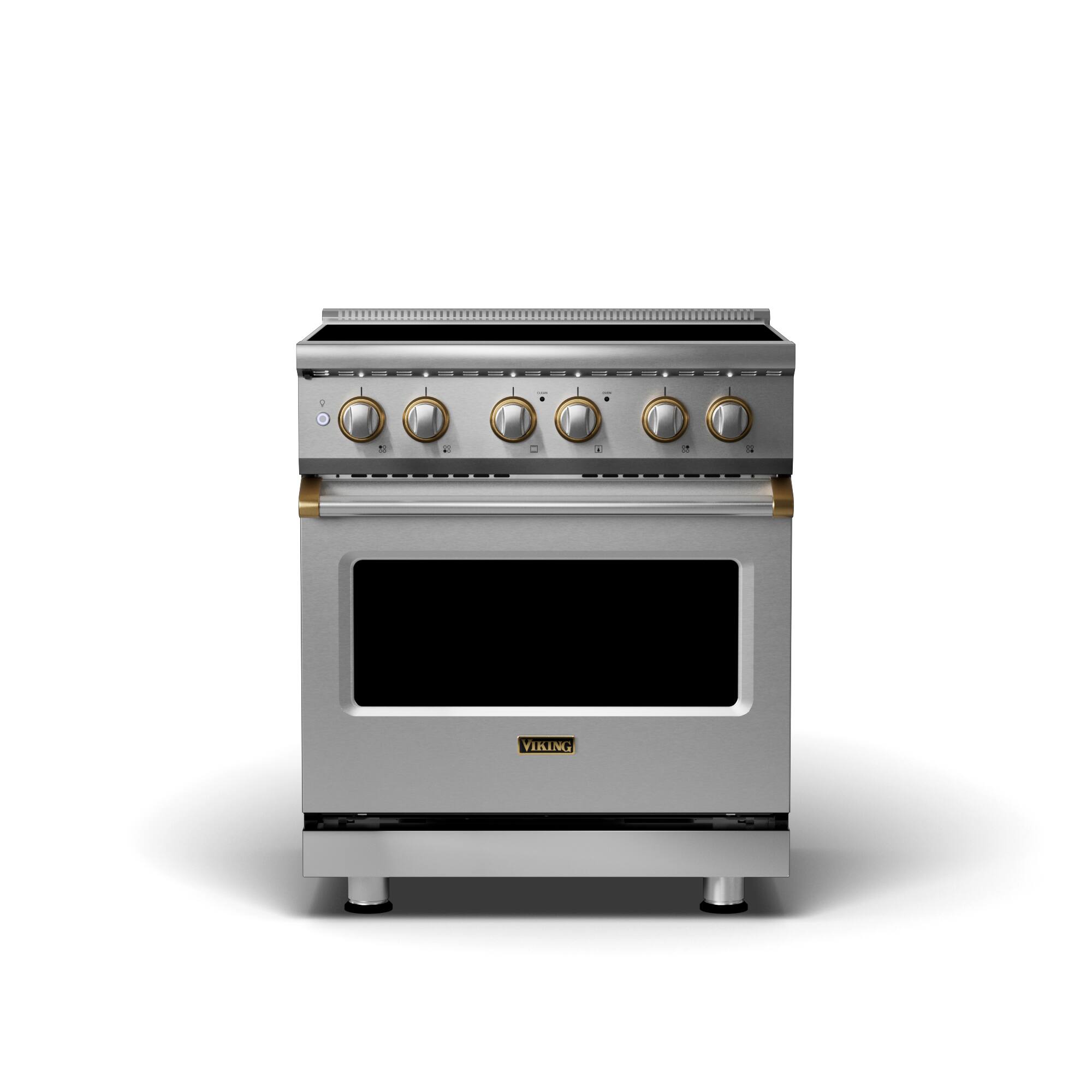 Front. Viking - 5 Series 30" Wide 4.7 Cubic Foot Freestanding Electric Induction Range - Stainless with Brushed Brass Accents.
