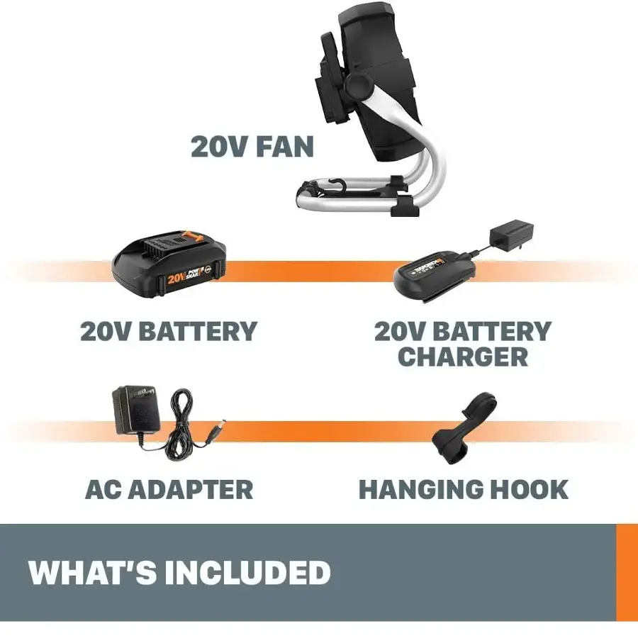 20V FAN 2012  20V BATTERY  20V BATTERY CHARGER   AC ADAPTER   HANGING HOOK   WHAT'S INCLUDED