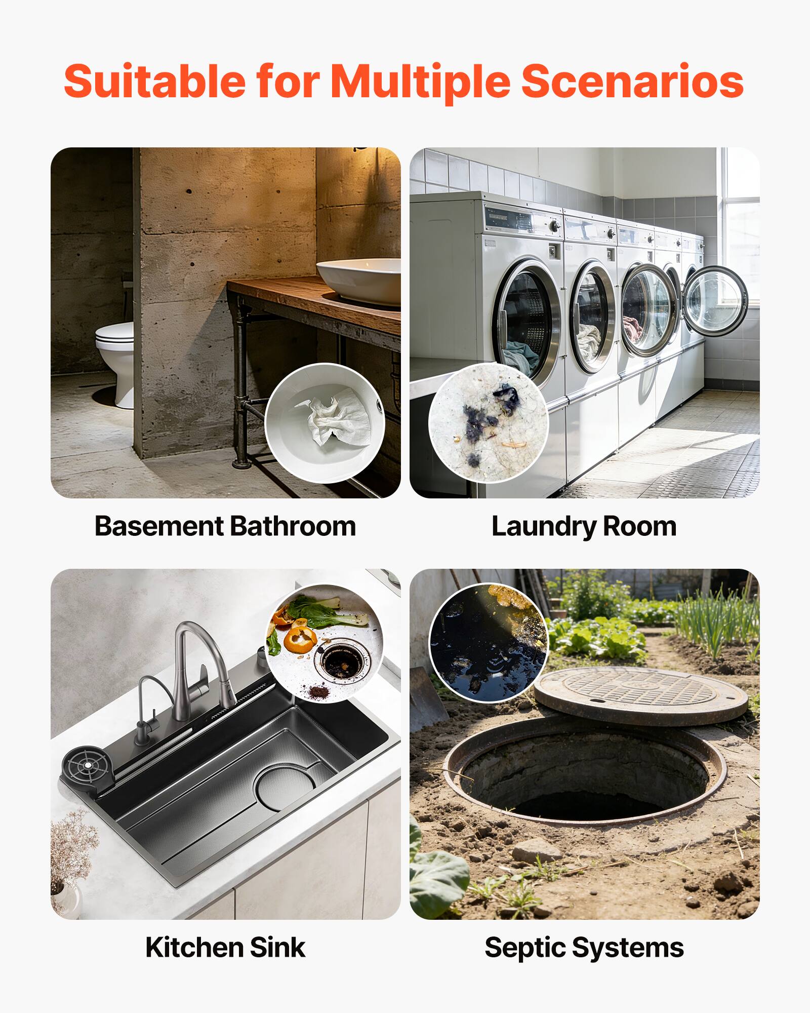 Suitable for Multiple Scenarios

Basement Bathroom

Laundry Room

Kitchen Sink

Septic Systems
