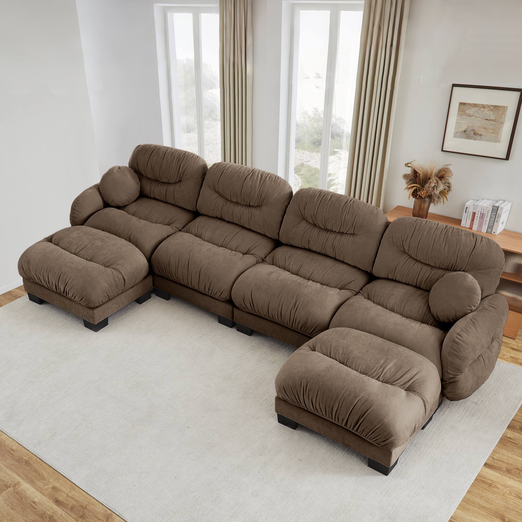 Left. Anysun - 4-Seater U Shape Sectional Couch with 2 Ottomans, Chenille Fabric, High-Density Foam & Curved Armrests for Living Room - Brown.