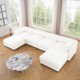 Anysun - U-Shape Modular Sectional Sofa with Storage Ottoman - Deep Seat, Cylindrical Backrest & Armrests, Convertible Design - White