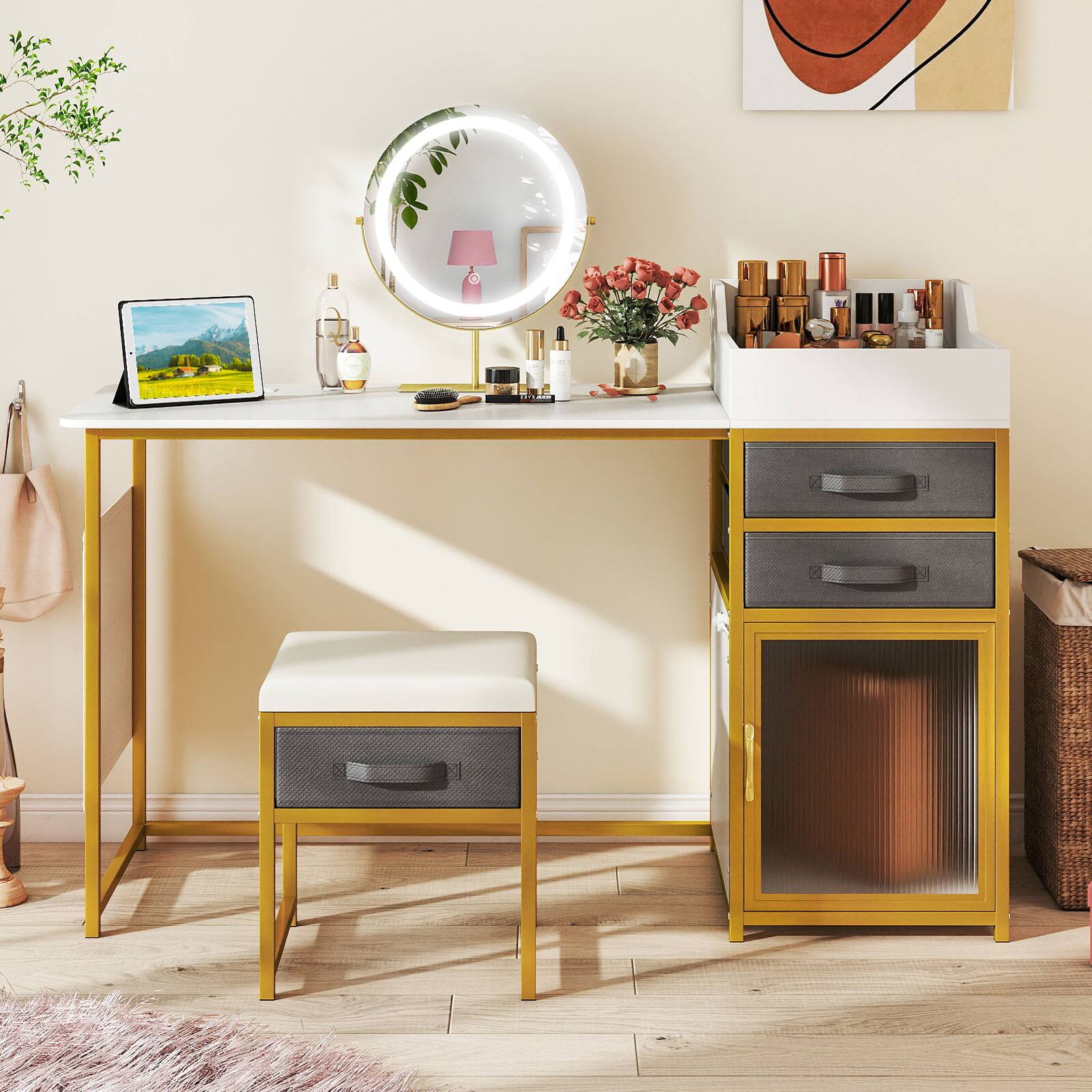 Alt View 3. Gymax - Gymax Vanity Desk w/ Rotatable Lighted Mirror 55'' Makeup Vanity Table w/ Organizer - White.