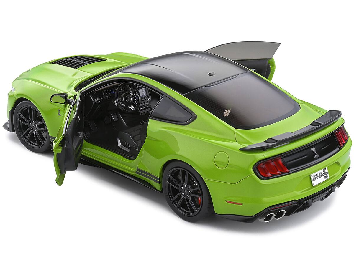 Back. Solido - 2020 Ford Mustang Shelby GT500 Grabber Lime Green Metallic with Black Top and Stripes 1/18 Diecast Model Car by Solido - Green Metallic With Black.