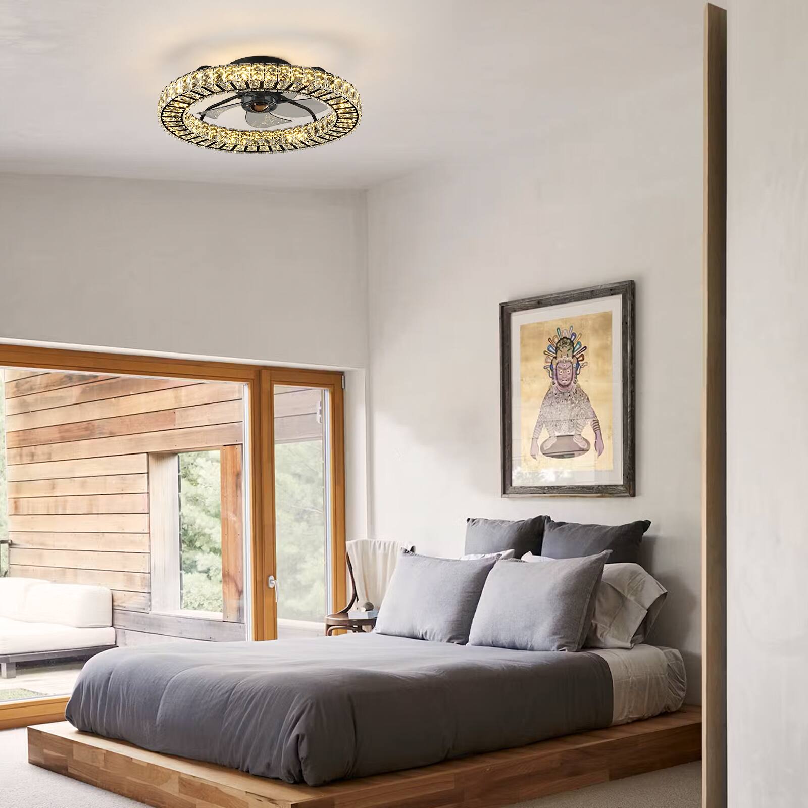 Back. Siljoy - 22 Inch Black Crystal Ceiling Fan with Light, Dimmable LED Low Profile Flush Mount Fan with Remote for Bedroom - BLACK.
