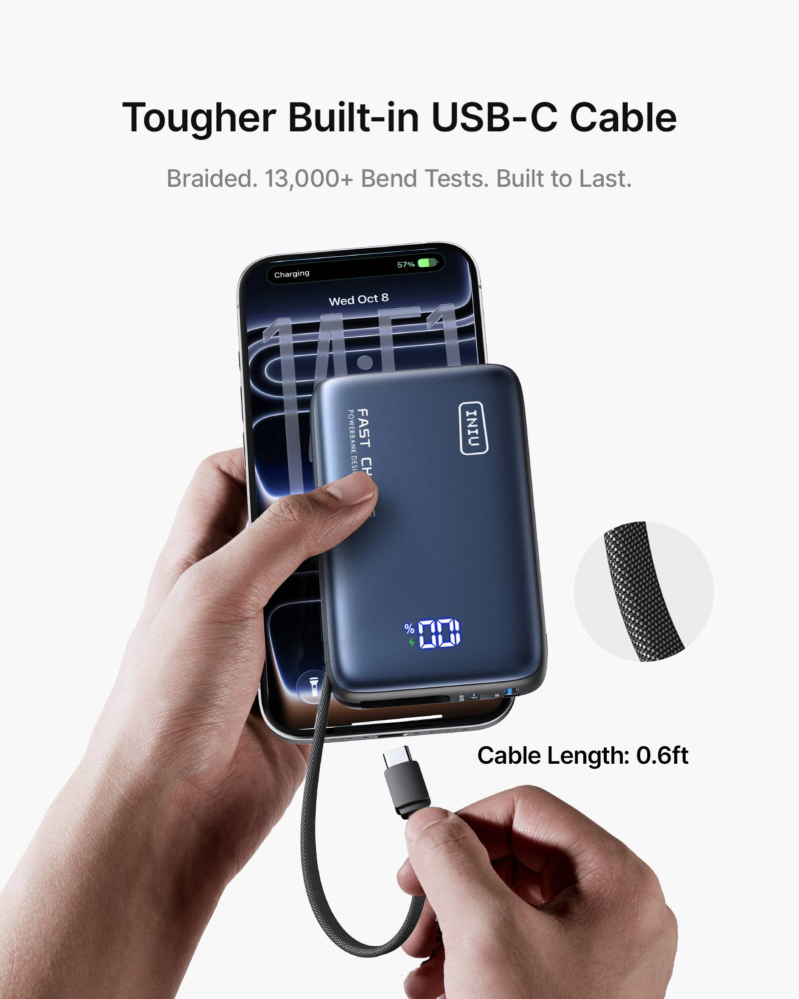 Tougher Built-in USB-C Cable  
Braided. 13,000+ Bend Tests. Built to Last.  
Cable Length: 0.6ft