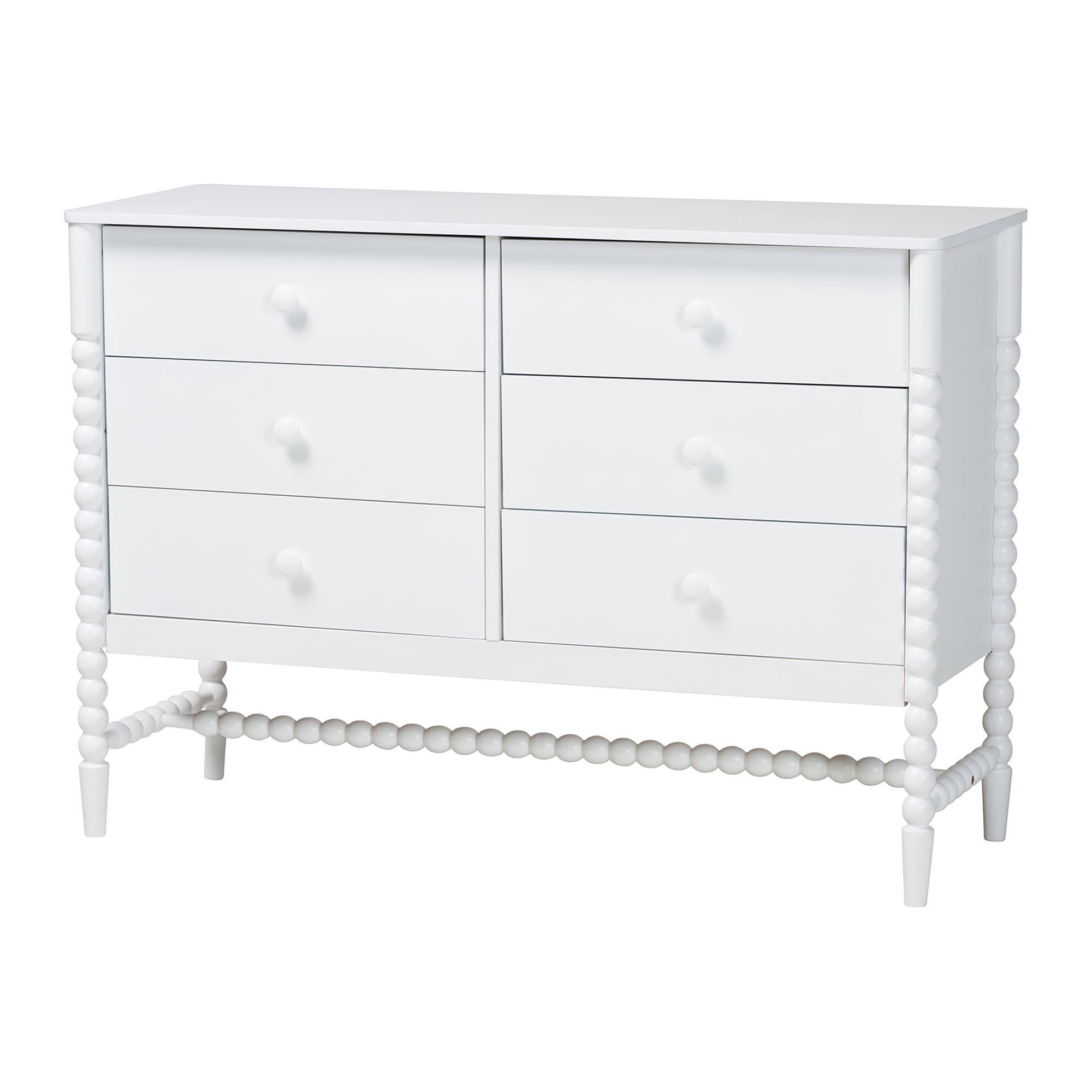 Baxton Studio - Brantley Spindle Dresser - 6-Drawer Horizontal Storage Cabinet with Beaded Frame and Elevated Base for Bedroom - White