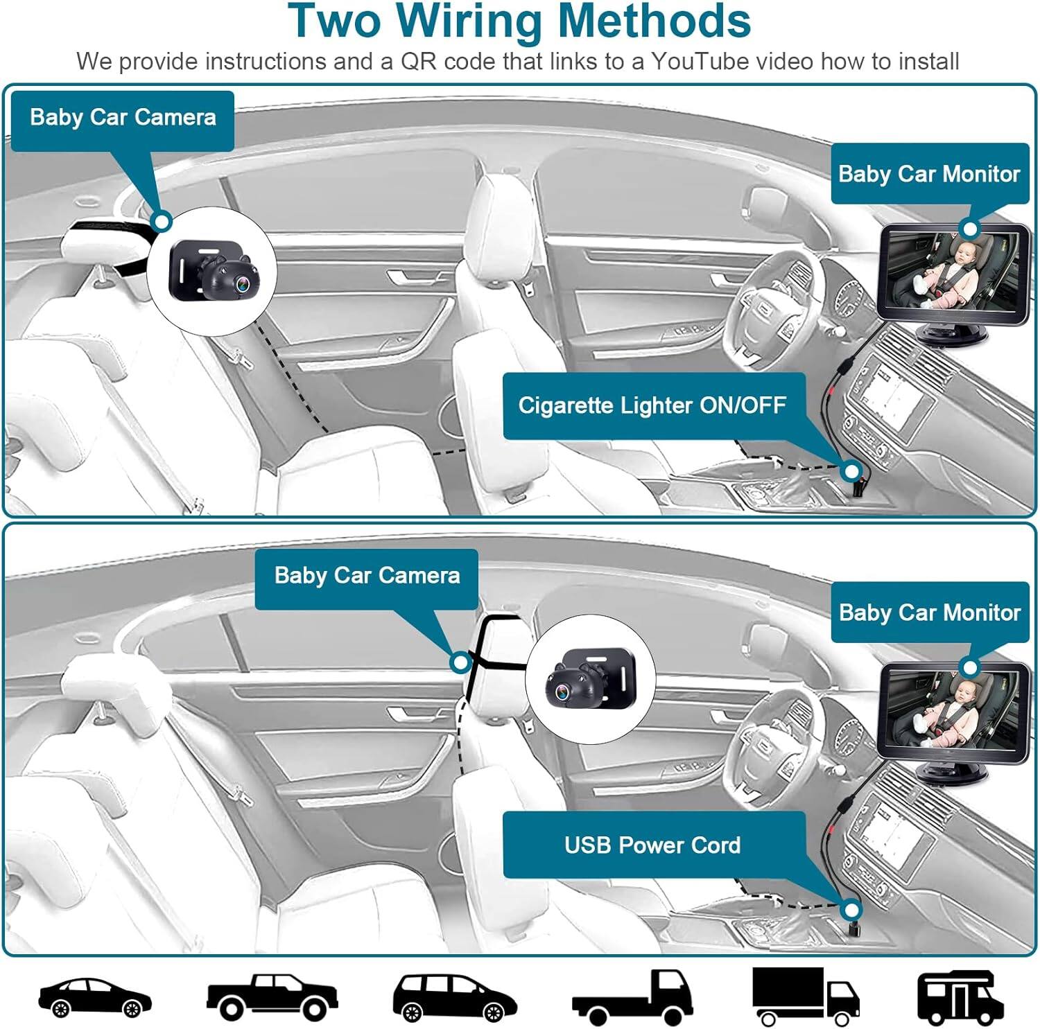 Two Wiring Methods

We provide instructions and a QR code that links to a YouTube video how to install

Baby Car Camera
Baby Car Monitor
Cigarette Lighter ON/OFF
Baby Car Camera
Baby Car Monitor
USB Power Cord