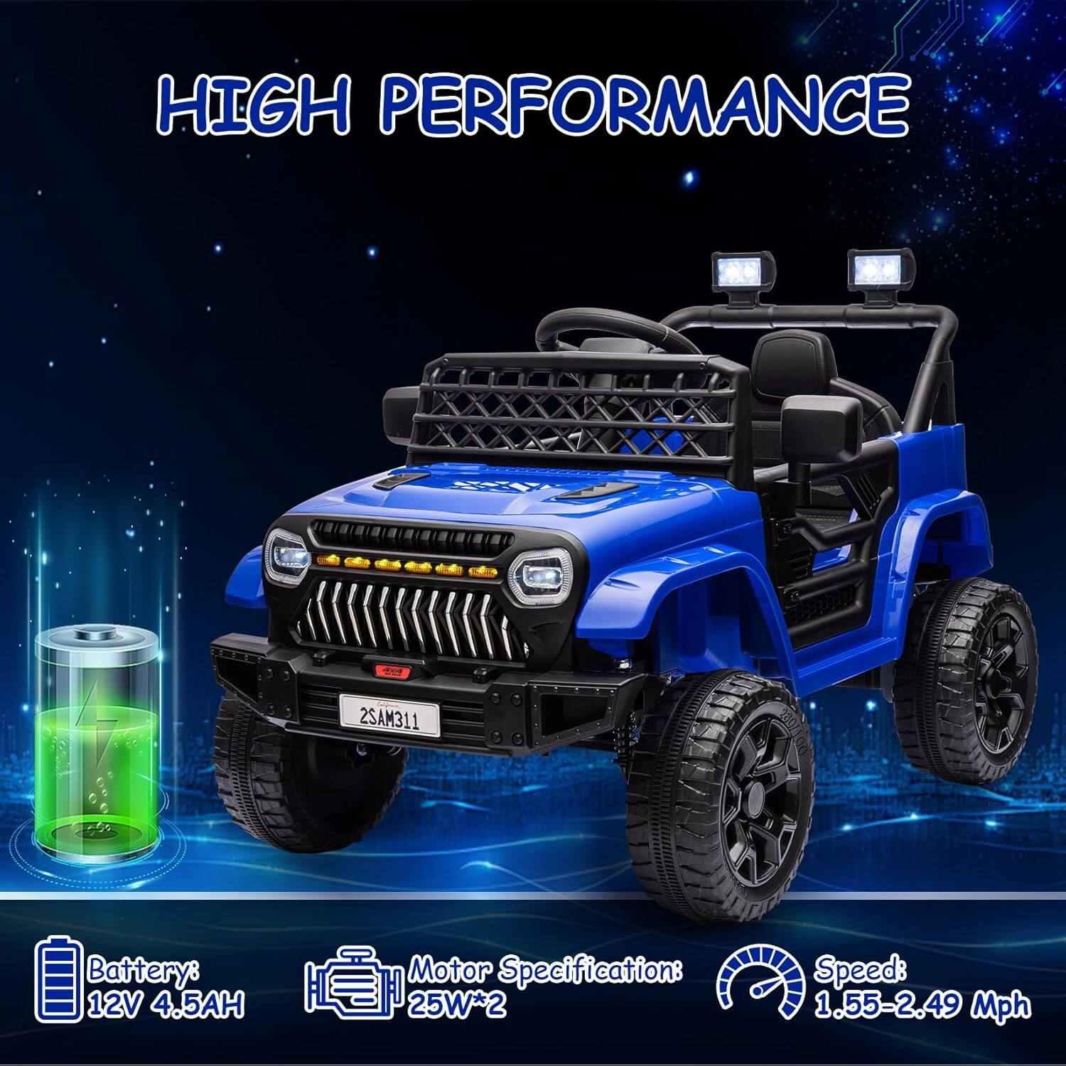HIGH PERFORMANCE

Battery: 12V 4.5AH

Motor Specification: 25W*2

Speed: 1.55-2.49 Mph
