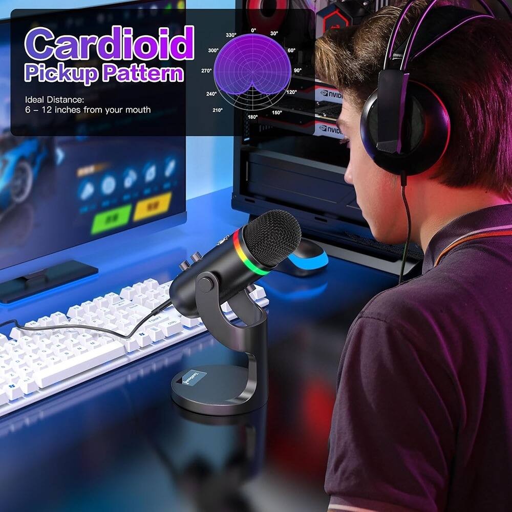 Alt View 2. MOSZAR LLC - USB Microphone for iPhone & PC – RGB Condenser Mic with Touch Mute, Gain.