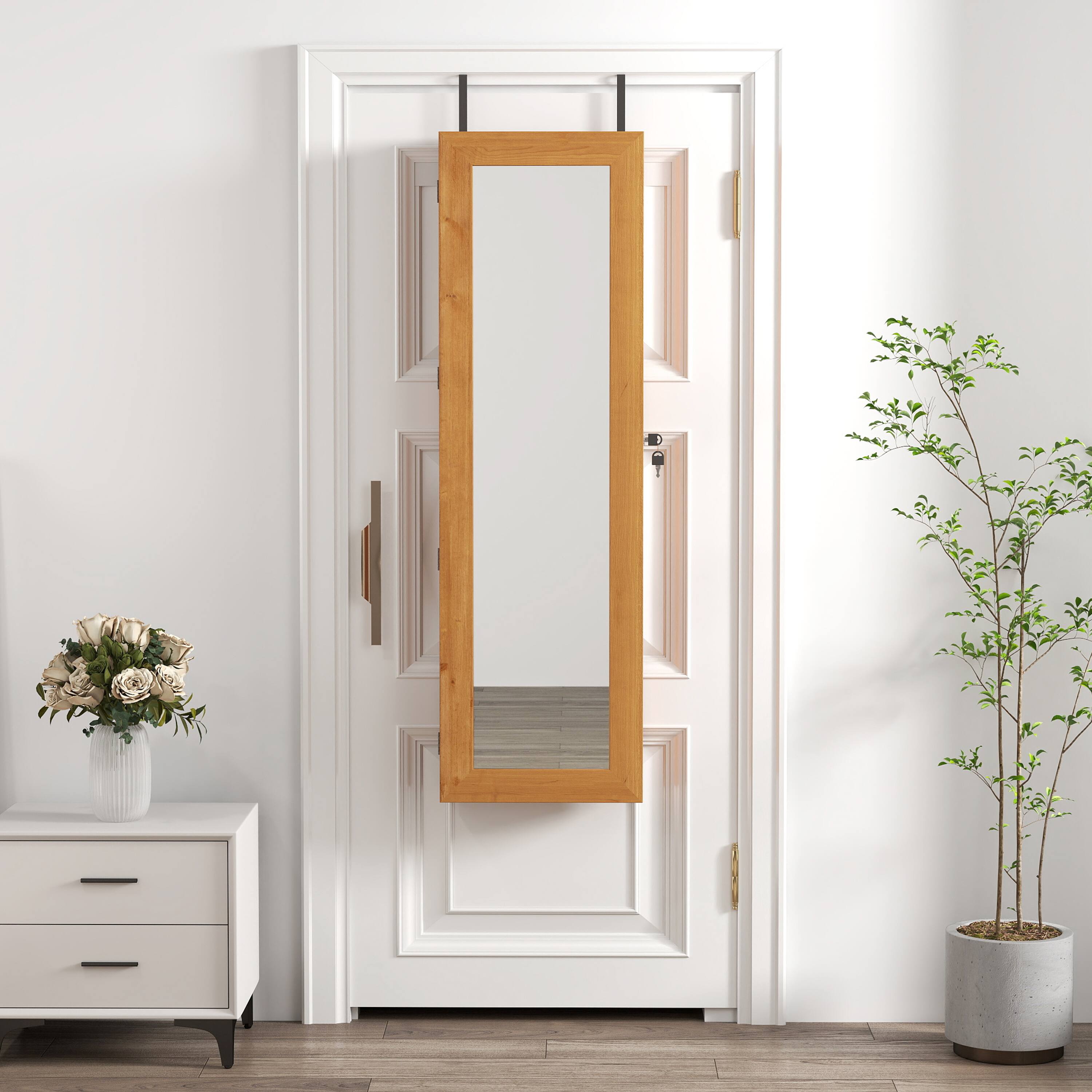 Alt View 1. Ecooso - Solid Wood Jewelry Cabinet Organizer with Full-Length Mirror, Wall-Mounted Lockable Design - Light Brown.