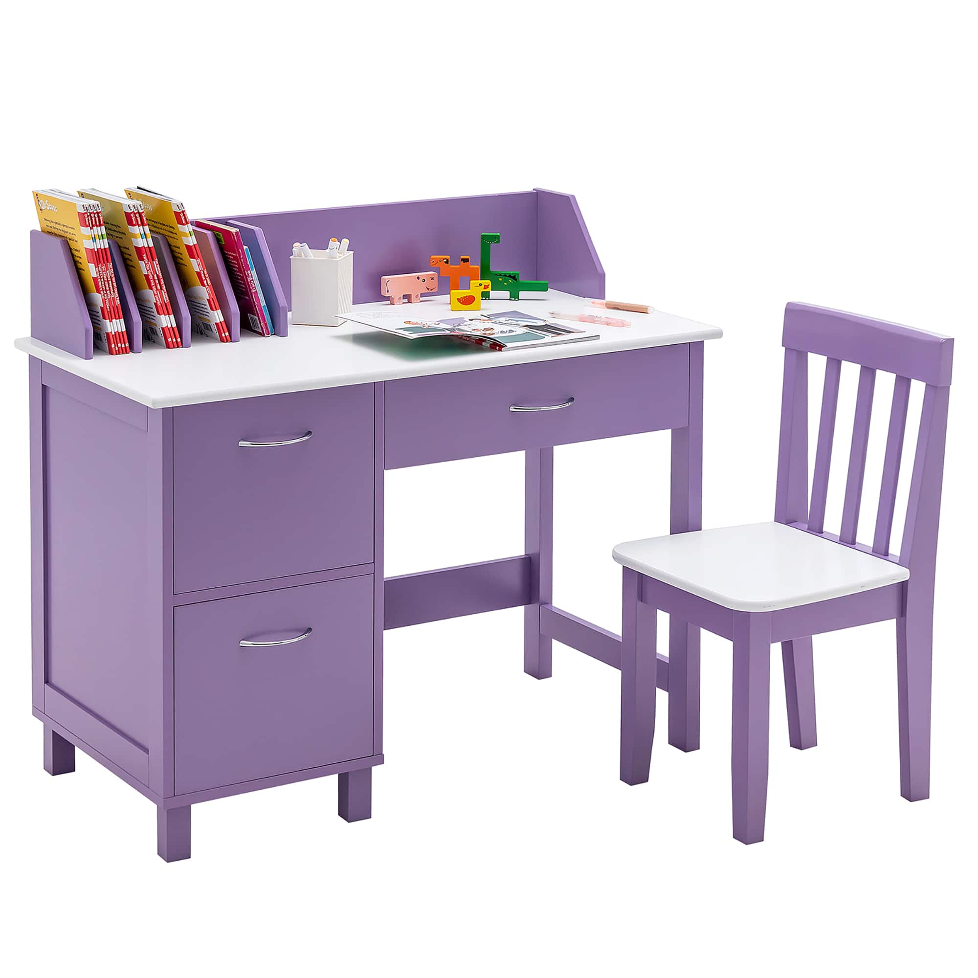 Costway - Kids Wooden Study Desk & Chair Writing Table with Drawer Storage Cabinet - Purple