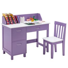 Costway - Kids Wooden Study Desk & Chair Writing Table with Drawer Storage Cabinet - Purple
