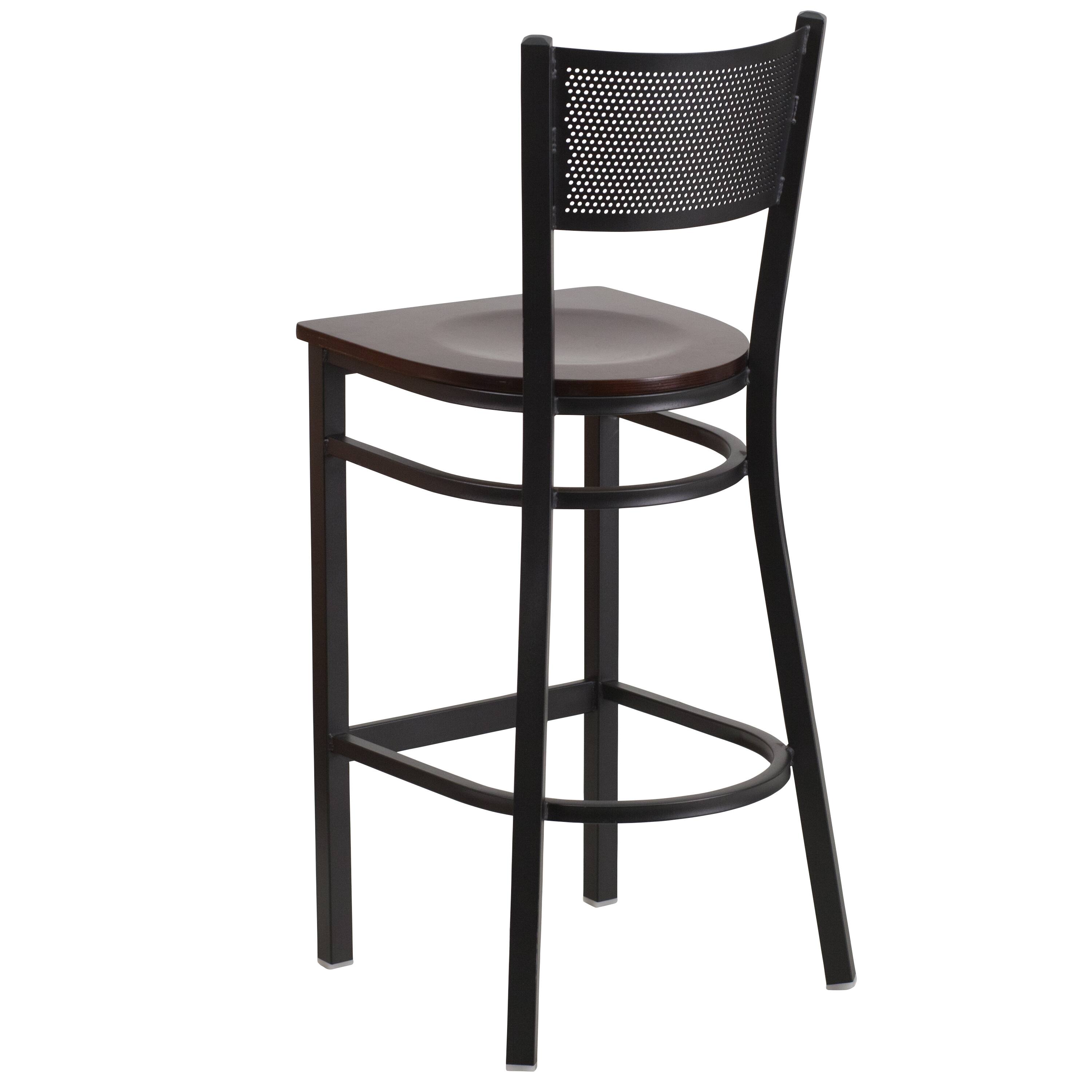 Alt View 3. Emma + Oliver - Grid Back Metal Restaurant Dining Barstool - Walnut Wood Seat/Black Metal Frame.