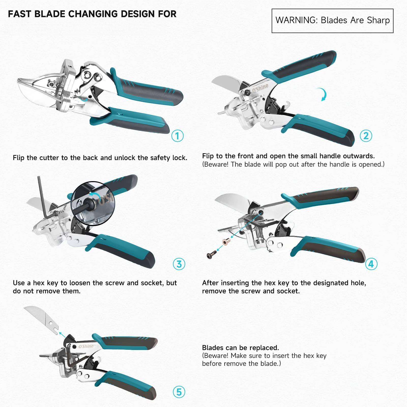 FAST BLADE CHANGING DESIGN FOR

1. Flip the cutter to the back and unlock the safety lock.

2. Flip to the front and open the small handle outwards. (Beware! The blade will pop out after the handle is opened.)

3. Use a hex key to loosen the screw and socket, but do not remove them.

4. After inserting the hex key to the designated hole, remove the screw and socket.

5. Blades can be replaced. (Beware! Make sure to insert the hex key before remove the blade.)

WARNING: Blades Are Sharp