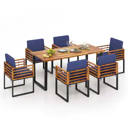 Front. Costway - Costway 7pcs Patio Acacia Wood Dining Chair & Table Set Heavy-Duty Space-Saving Outdoor - Natural,Black,Navy Blue.