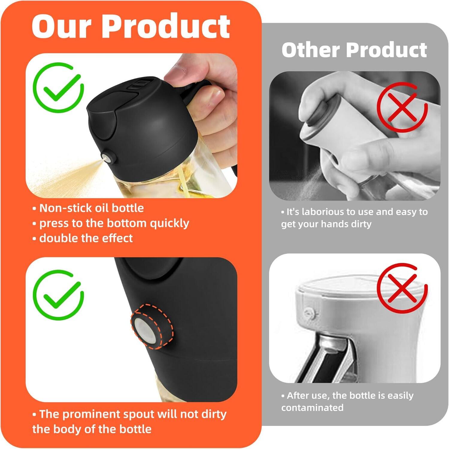 **Our Product**

- Non-stick oil bottle
- press to the bottom quickly
- double the effect

- The prominent spout will not dirty the body of the bottle

**Other Product**

- It's laborious to use and easy to get your hands dirty

- After use, the bottle is easily contaminated