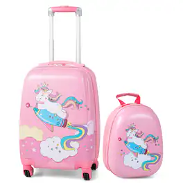 Gymax - 2PCS Kids Carry On Luggage Set 12'' Backpack and 18'' Rolling Suitcase for Travel - Pink