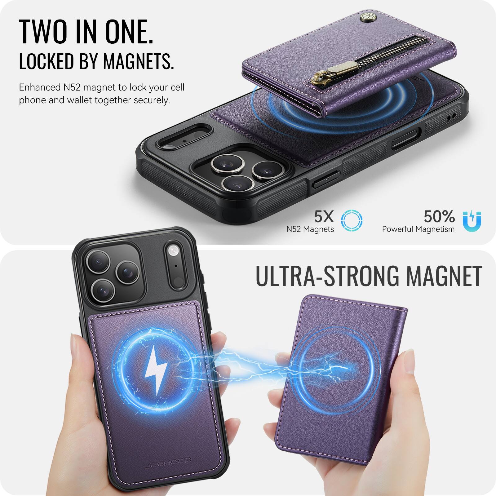 TWO IN ONE.  
LOCKED BY MAGNETS.  
Enhanced N52 magnet to lock your cell phone and wallet together securely.  

5X N52 Magnets  
50% Powerful Magnetism  

ULTRA-STRONG MAGNET