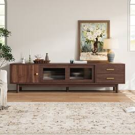 MERAVOM - Mid Century Modern TV Stand for 80" TVs, Entertainment Center with Glass Sliding Doors and 2 Drawers for Living Room - Walnut