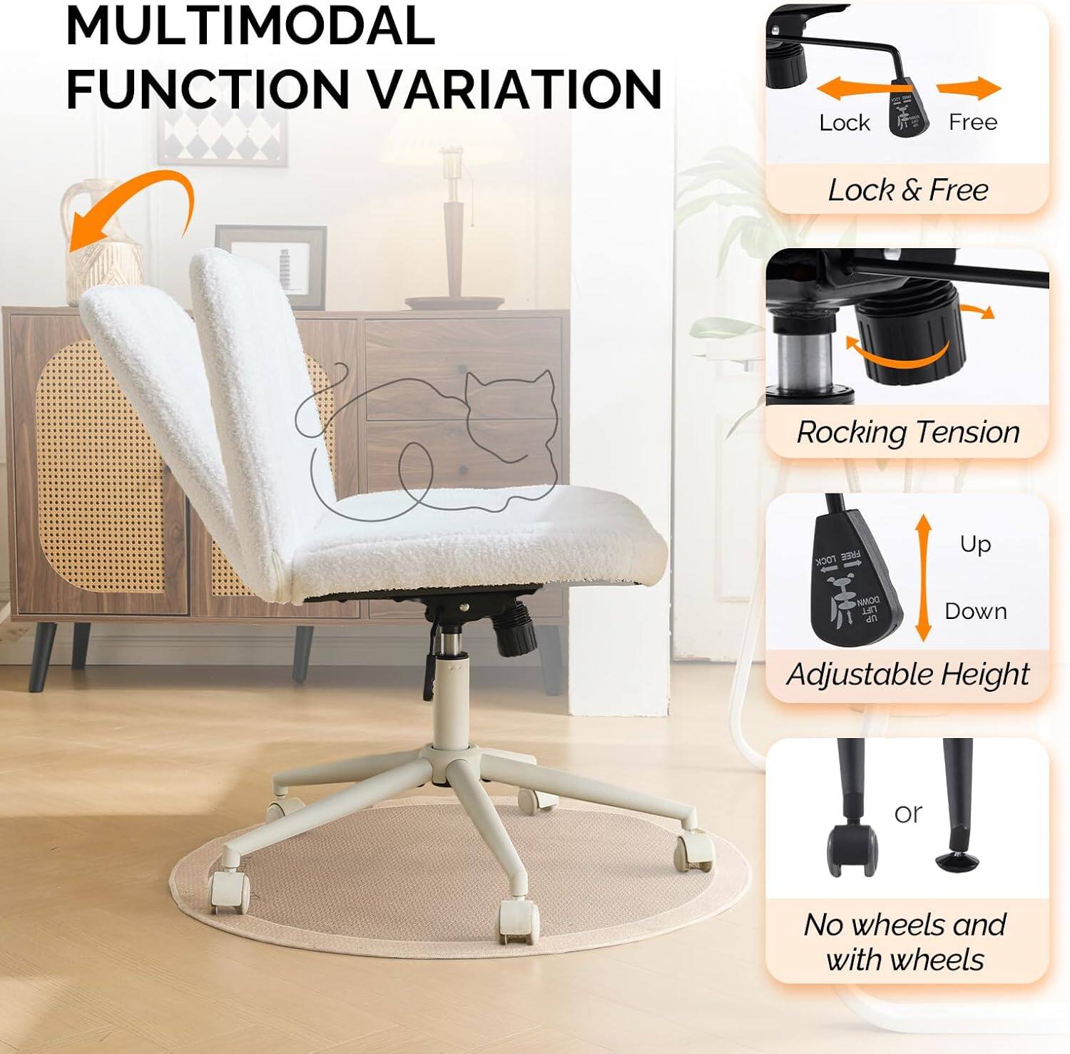 MULTIMODAL FUNCTION VARIATION

- Lock Free
- Lock & Free
- Rocking Tension
- Adjustable Height (Up/Down)
- No wheels and with wheels