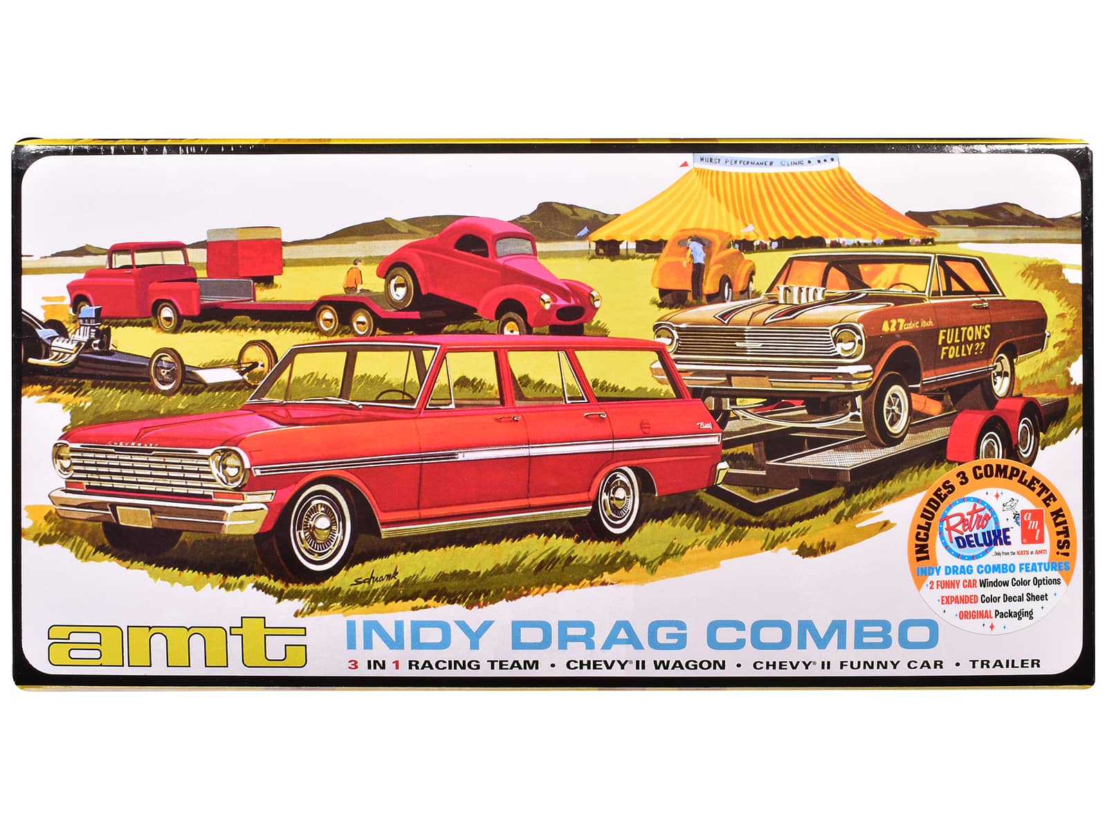 Skill 2 Model Kit Indy Drag Combo Chevrolet II Wagon and Funny Car with Trailer 3 in 1 Set 1/25 Scale Model by AMT - Multi
