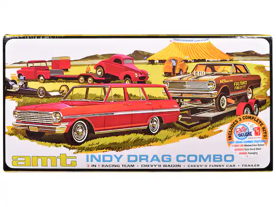 MUSTANG PERFORMANCE LIAK .. 427 Fcabi B FULTON'S FOLLY?? 3 COMPLETE INCLUDES Retro a II DELUXE - - - SNS a I A KITS! INDY DRAG COMBO FEATURES schenk 2 FUNNY CAR Window Color Options EXPANDED Color Decal Sheet ORIGINAL Packaging amt INDY DRAG COMBO 3 IN 1 RACING TEAM CHEVY'II WAGON CHEVY " FUNNY CAR TRAILER