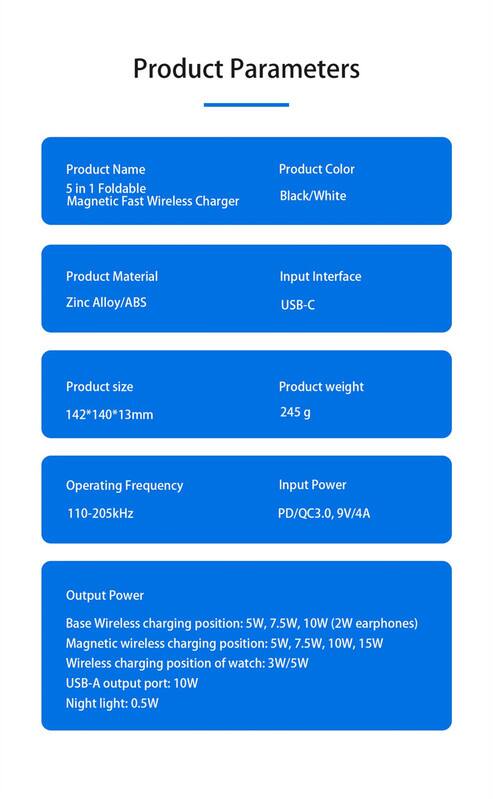 Product Parameters

- Product Name: 5 in 1 Foldable Magnetic Fast Wireless Charger
- Product Color: Black/White
- Product Material: Zinc Alloy/ABS
- Input Interface: USB-C
- Product size: 142*140*13mm
- Product weight: 245 g
- Operating Frequency: 110-205kHz
- Input Power: PD/QC3.0, 9V/4A
- Output Power:
  - Base Wireless charging position: 5W, 7.5W, 10W (2W earphones)
  - Magnetic wireless charging position: 5W, 7.5W, 10W, 15W
  - Wireless charging position of watch: 3W/5W
  - USB-A output port: 10W
  - Night light: 0.5W