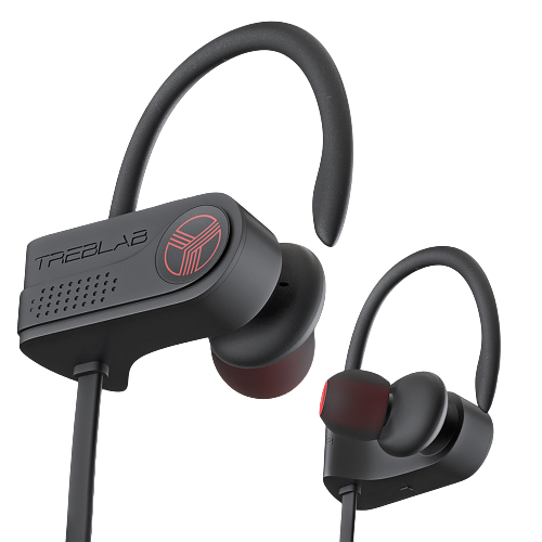 Front. TREBLAB - XR700 Wireless Earbuds - Bluetooth 5.0, IPX7 Waterproof, Noise Cancelling, Adjustable Earhooks, 9H Battery, Deep Bass - Black.