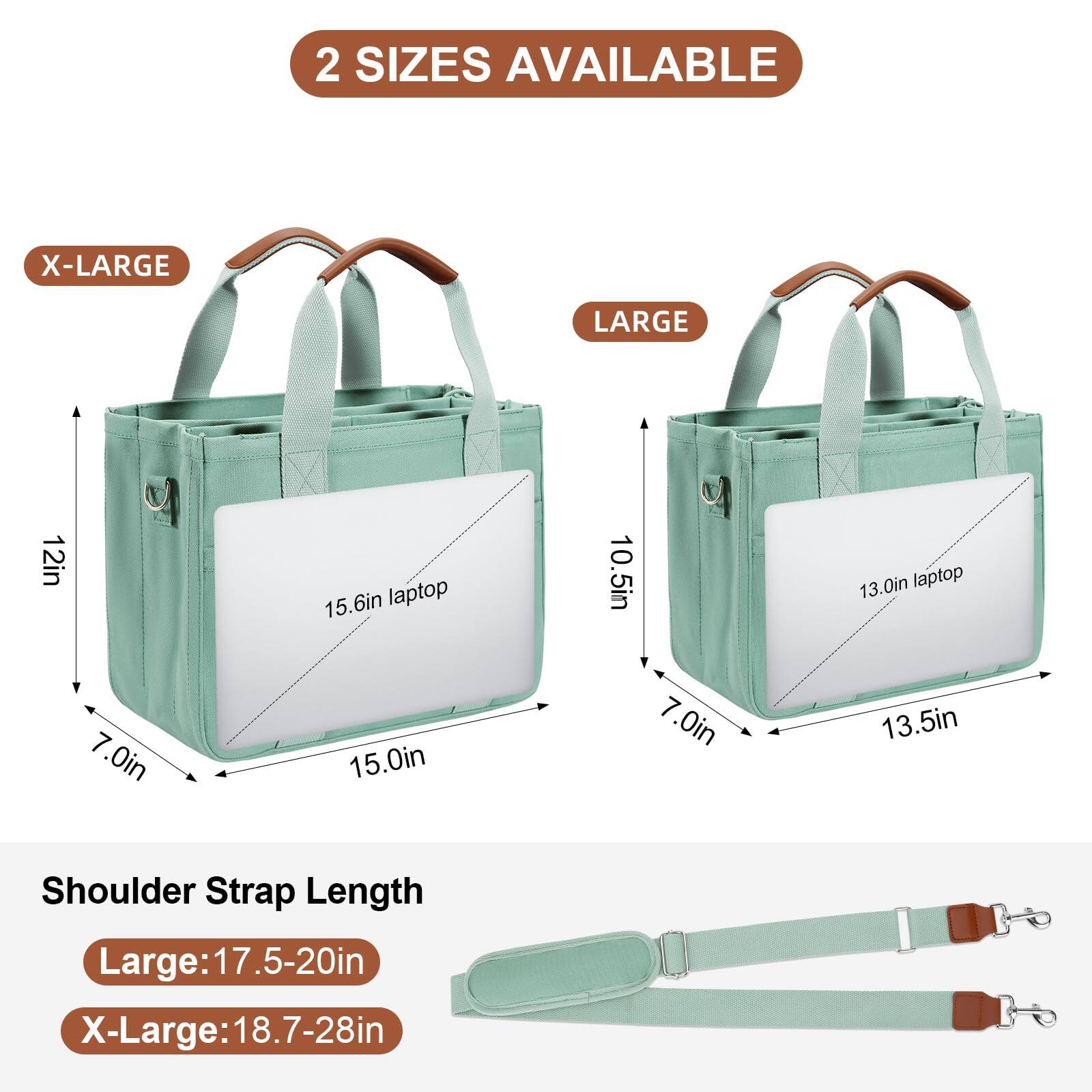2 SIZES AVAILABLE

X-LARGE
- 12in
- 15.6in laptop
- 7.0in
- 15.0in

LARGE
- 10.5in
- 13.0in laptop
- 7.0in
- 13.5in

Shoulder Strap Length
- Large: 17.5-20in
- X-Large: 18.7-28in