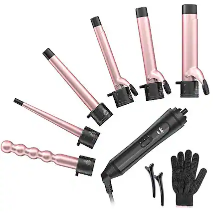 Front. DORLUKFU - 6-in-1 Curling Iron, Professional Instant Heat Up Hair Curling Wand Set with 6 Interchangeable Ceramic Barrels (0.35''.