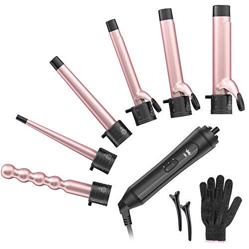 Front. DORLUKFU - 6-in-1 Curling Iron, Professional Instant Heat Up Hair Curling Wand Set with 6 Interchangeable Ceramic Barrels (0.35''.