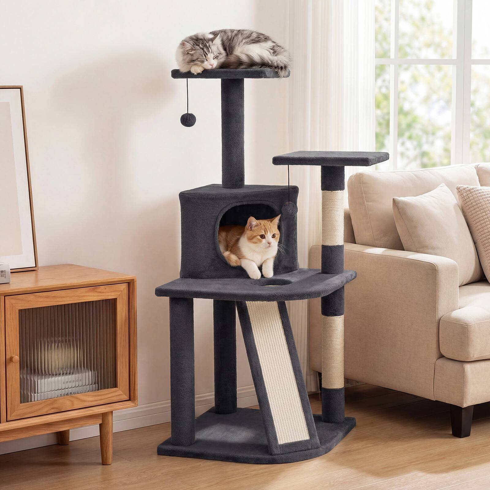 Alt View 3. Gymax - Gymax Cat Tree Multi-Level Cat Tower w/ Top Perches & Cozy Condo Climbing Ladder Light Gray.