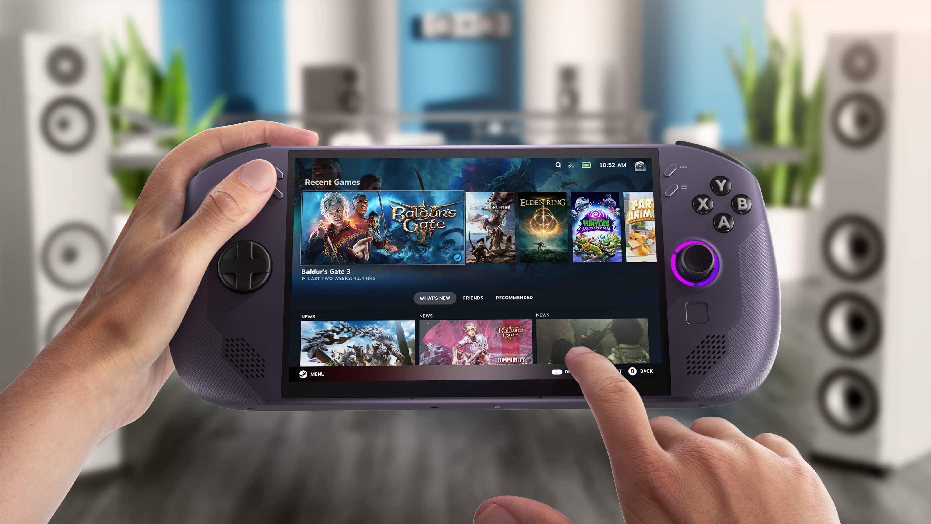 10:52 AM
Recent Games
ELDER RING
RUNTER
Baldur's Gate 3
EAST
EWO
WITKS
424
HOS
WHAT'S NEW
IENDS
RECOMMENDED
NEWS
NEWS
NEWS
B
Gute
COMMUNITY
MENU
OF
8
BACK