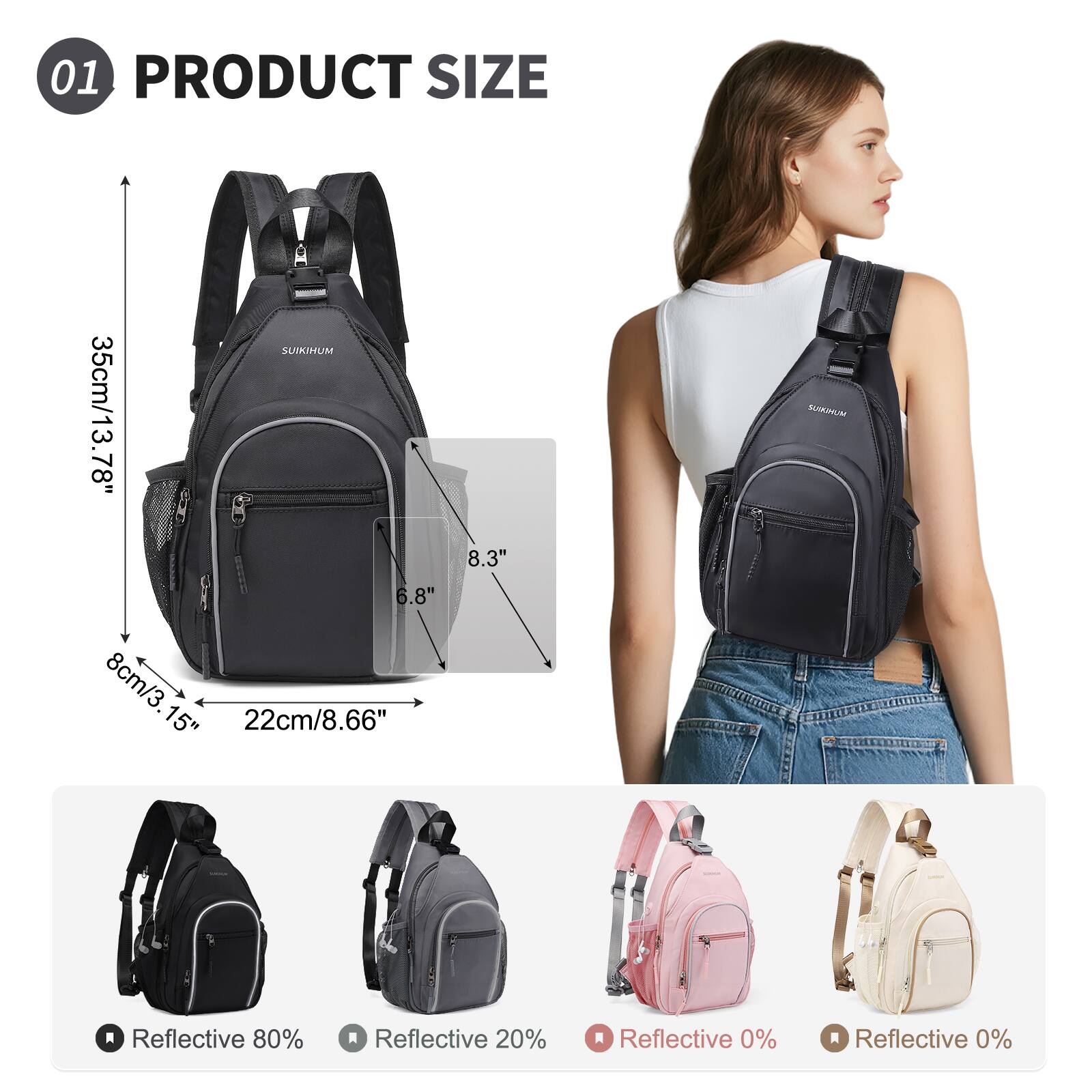 01 PRODUCT SIZE

- 35cm/13.78"
- 8.3"
- 6.8"
- 8cm/3.15"
- 22cm/8.66"

Reflective:
- 80%
- 20%
- 0%
- 0%