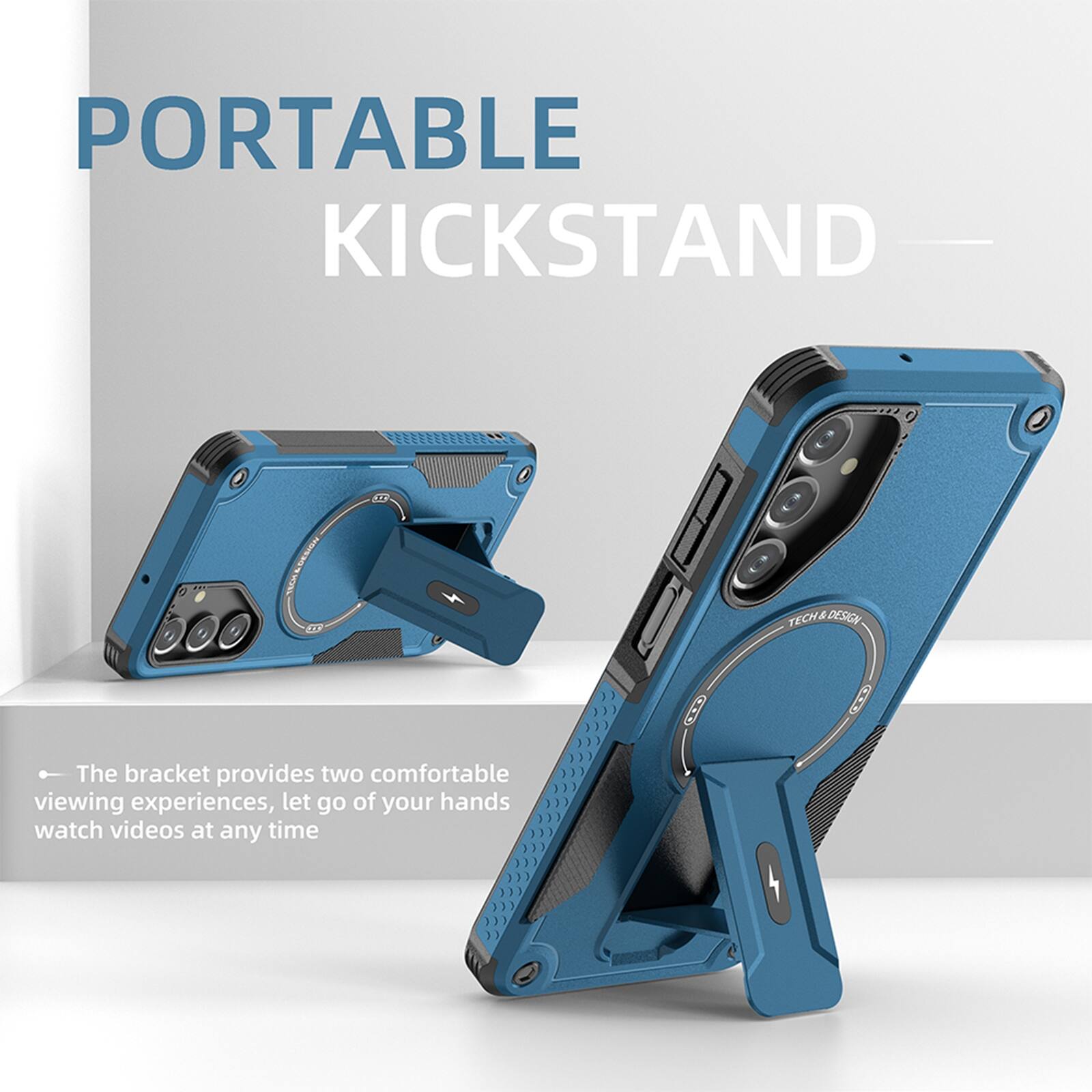 PORTABLE KICKSTAND

MOIS TO TECH & DESIGN

1. The bracket provides two comfortable viewing experiences, let go of your hands watch videos at any time