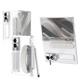 Dteck - For Samsung Galaxy Z Fold8 Case Built-in Screen Protector Shockproof Pen Slot Silicone Wristband Hinge Cover+Pen - Clear
