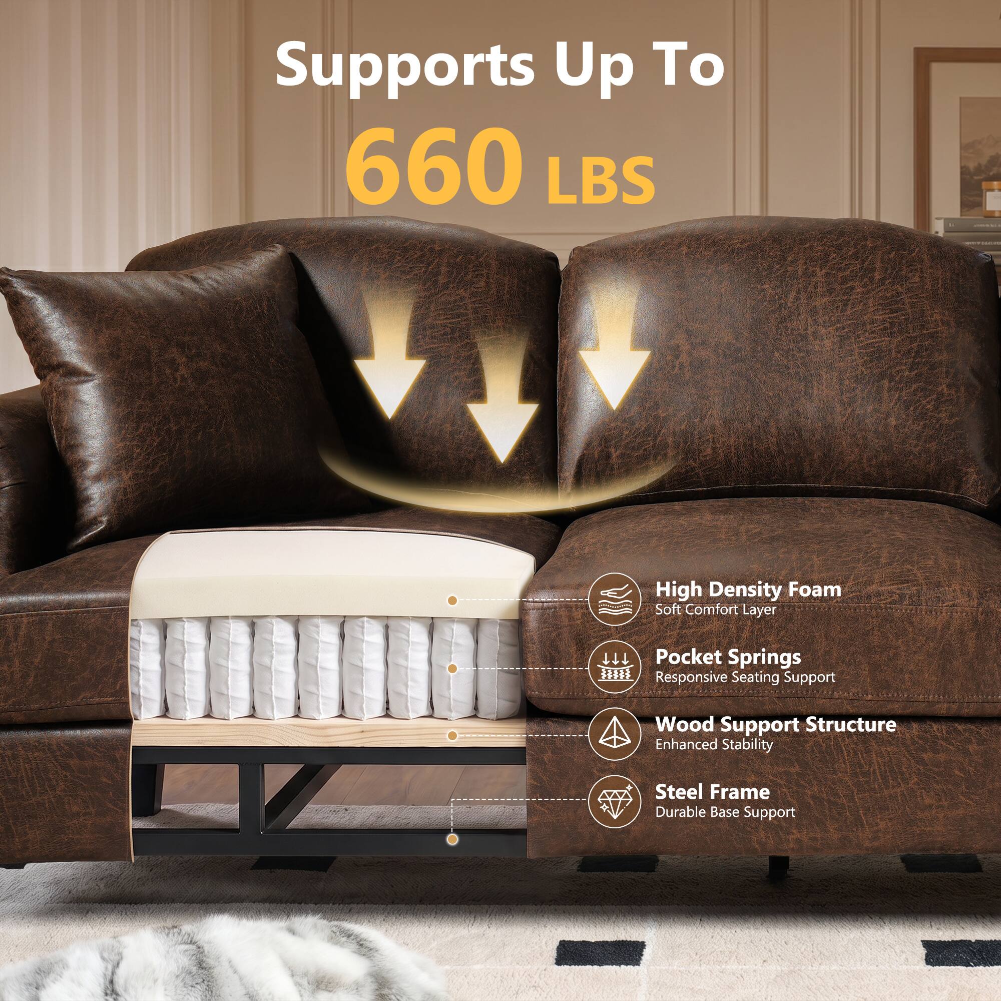 Supports Up To 660 LBS

- High Density Foam Soft Comfort Layer
- Pocket Springs Responsive Seating Support
- Wood Support Structure Enhanced Stability
- Steel Frame Durable Base Support
