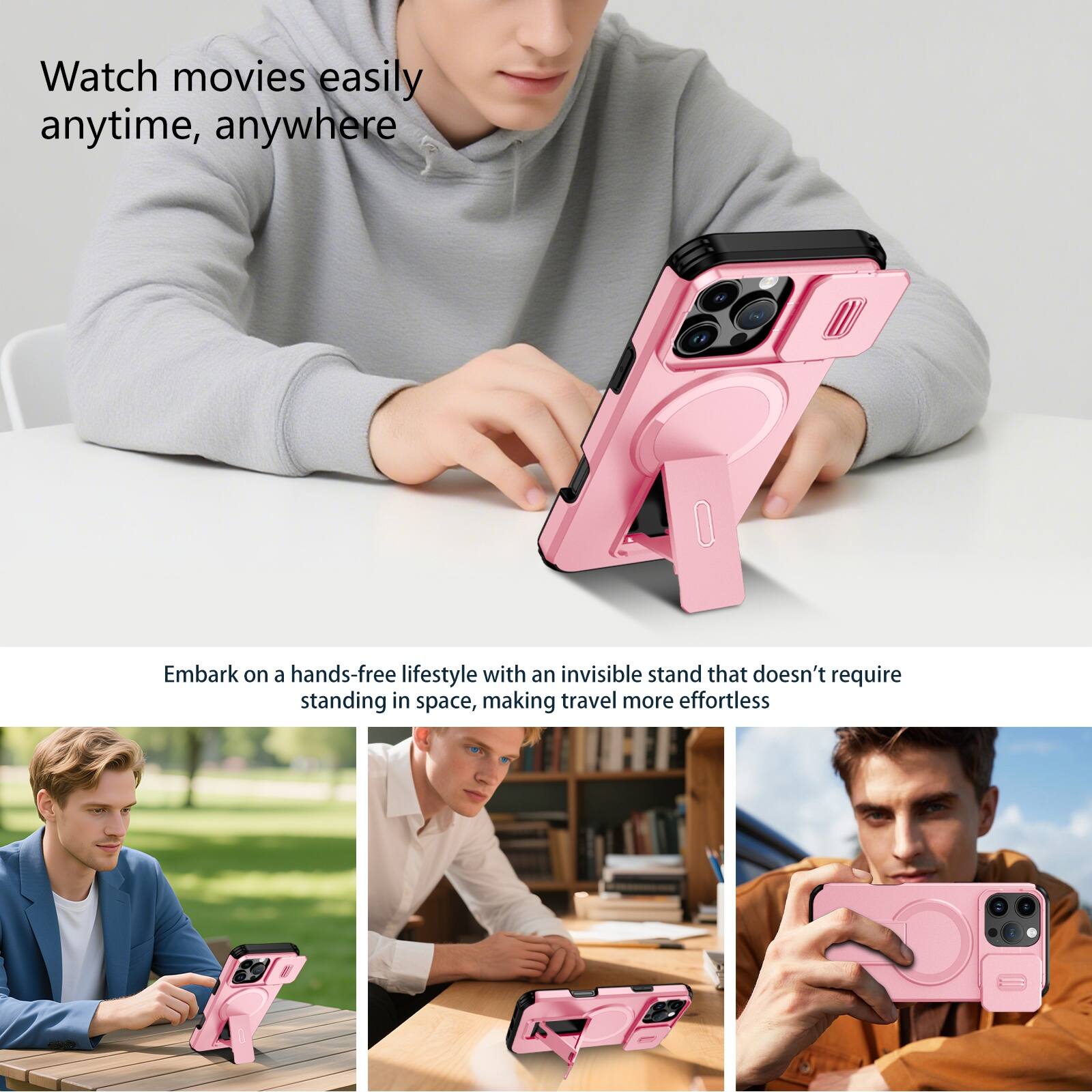 Watch movies easily anytime, anywhere

Embark on a hands-free lifestyle with an invisible stand that doesn't require standing in space, making travel more effortless
