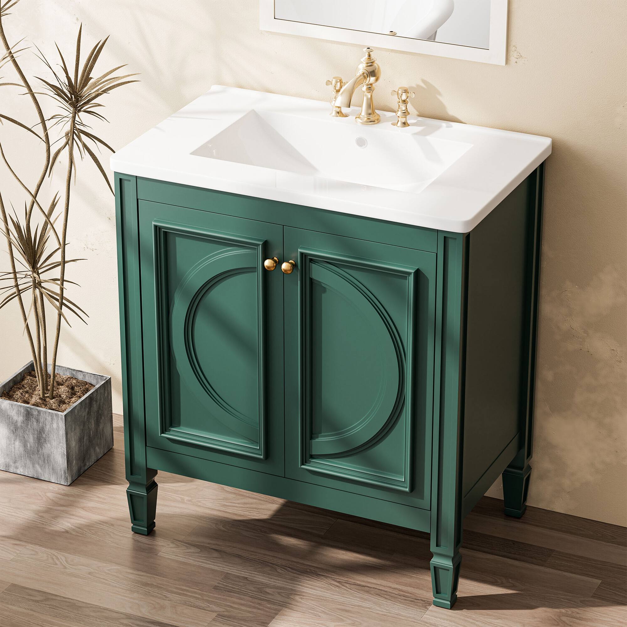 Front. KERDOM - 30" Vintage Bathroom Vanity with Ceramic Sink, Freestand Storage Cabinet, 3-Hole Faucet Prep, Washroon Storage Cabinet - Green.