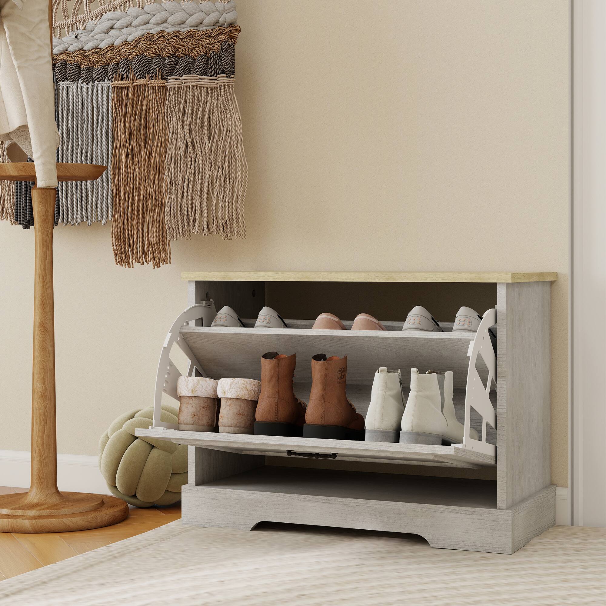 Left. Whisen - Entryway Shoe Storage Bench with Flip-Top Drawer, Space-Saving Shoe Cabinet with Seat - White.