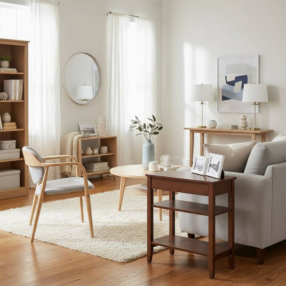 Alt View 1. FurniFact - Chairside End Table with 3 Shelving Tiers - Mahogany.
