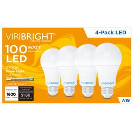 VIRIBRIGHT - A19 LED Bulb, 14W, 1600 Lumens, Dimmable, 2700K (4 Pack) - Warm White