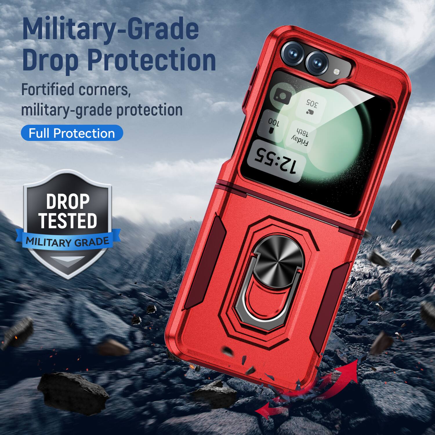 Military-Grade Drop Protection  
Fortified corners, military-grade protection  
Full Protection  

DROP TESTED  
MILITARY GRADE