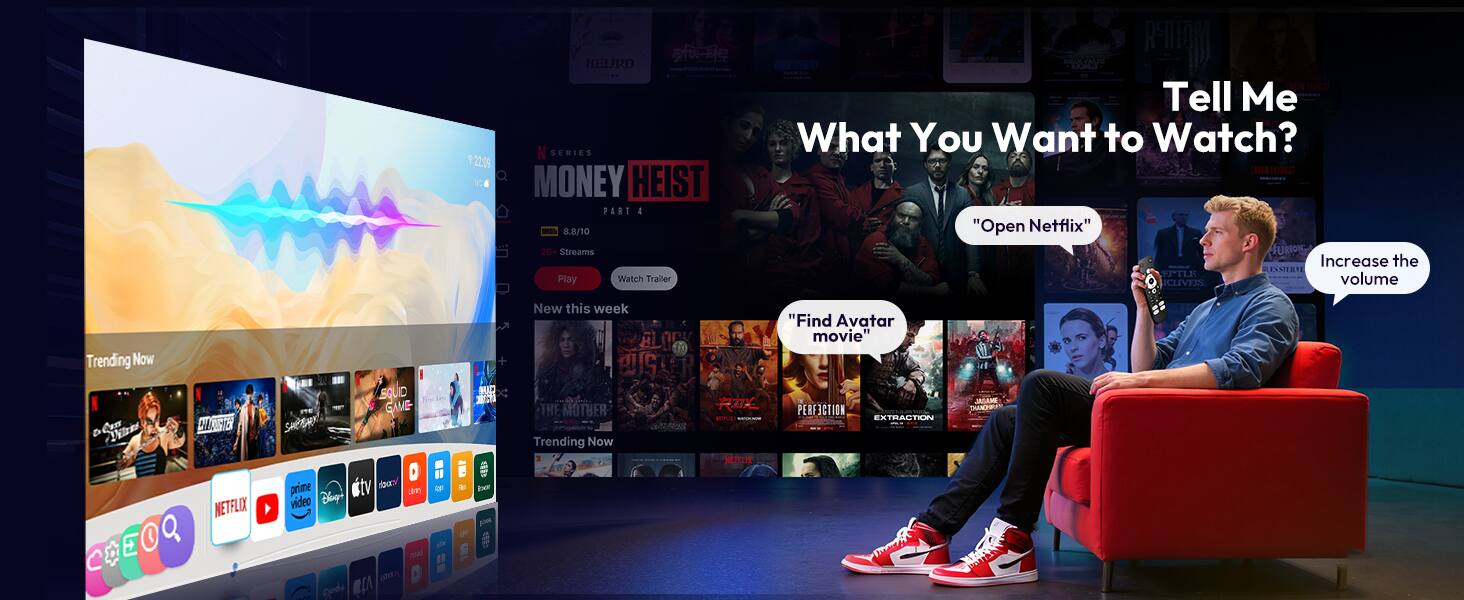 22:19 - HEURO N SERIES MONEY HEIST PART I 8.8/10 20+ Streams Play Watch Trailer NN RI Tell Me What You Want to Watch? CME "Open Netflix" JURION Increase the FLEXMERTI TTLE CLIVES volume Trending Now New this week "Find Avatar movie" D Cams ita P NETFLOX SQUD CAVE prime tV doa Jn video Dlngi car N MIC Ier THE MOTHER Trending Now NETFLIX PERFECTION EXTRACTION JAGAME S n (a Aode A o