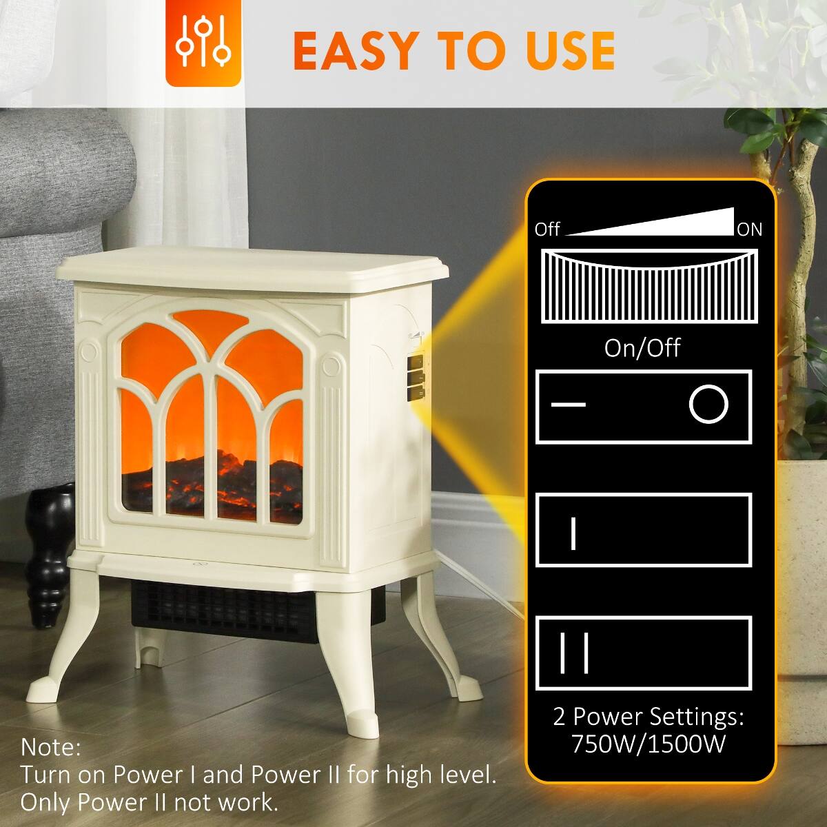 EASY TO USE

Off
ON
On/Off

Note: Turn on Power I and Power II for high level. Only Power II not work.

2 Power Settings: 750W/1500W