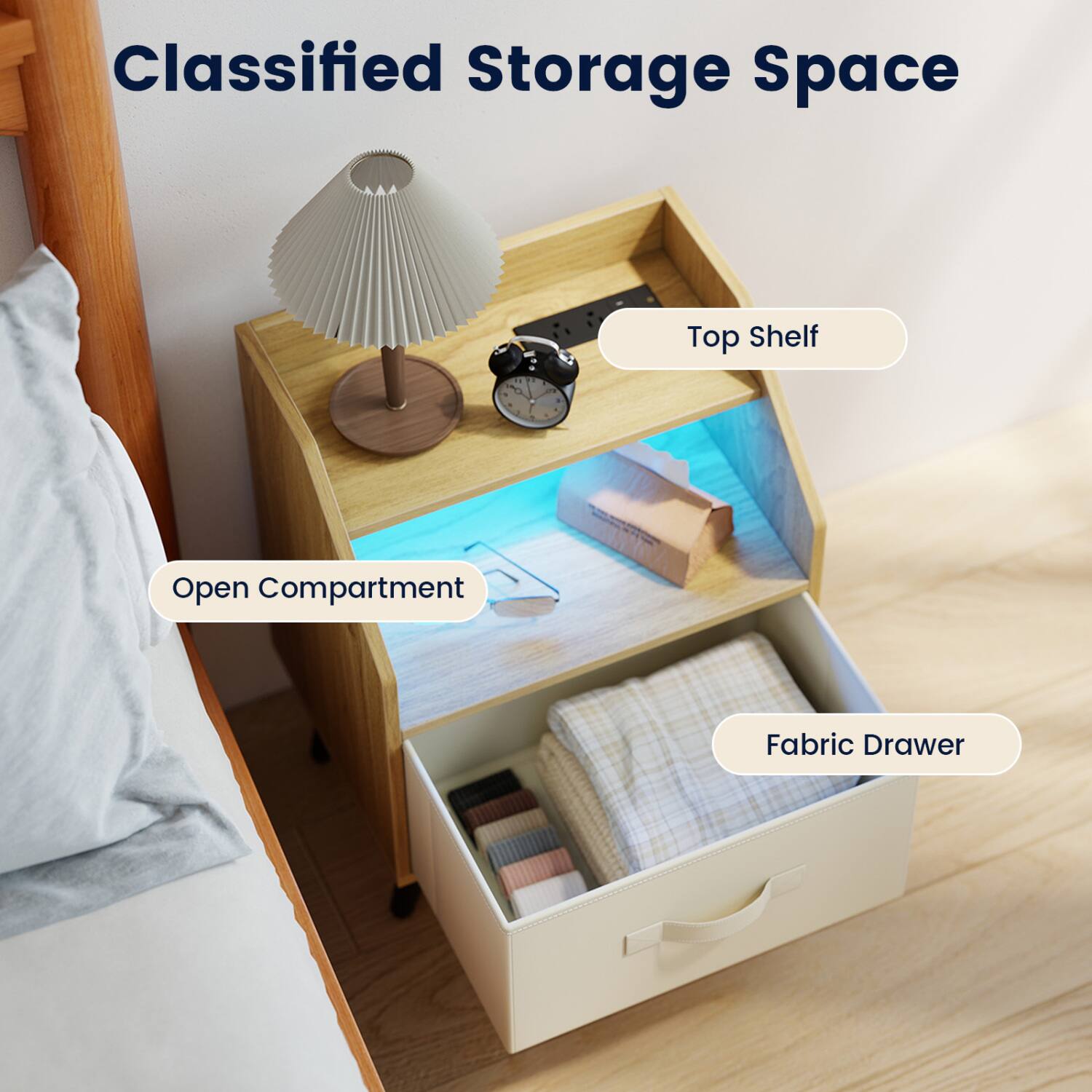 Classified Storage Space

- Top Shelf
- Open Compartment
- Fabric Drawer
