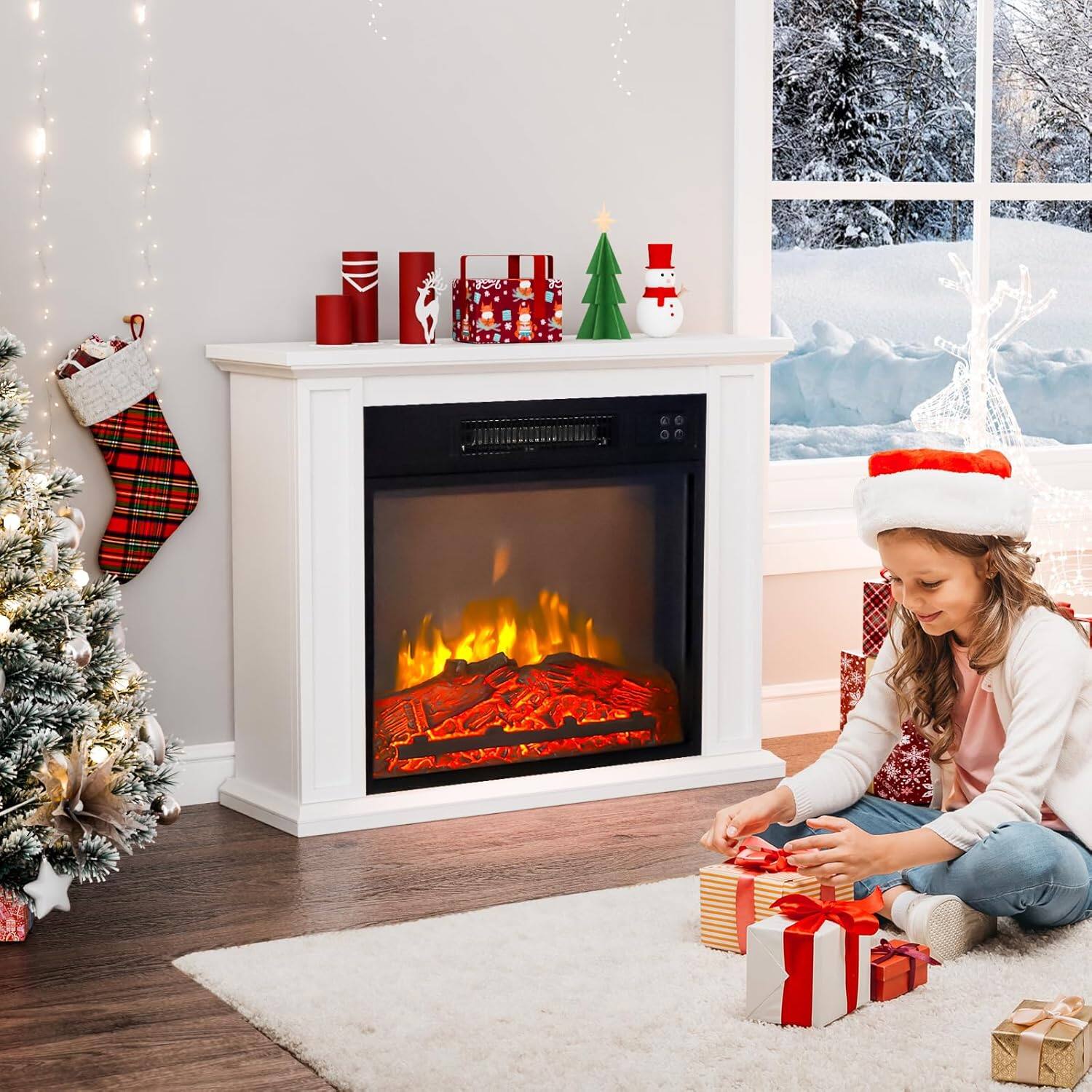 Alt View 5. Winado - 27" Electric Fireplace with Mantel, Freestanding Wooden Surround Firebox with 1400W Fireplace Heater, 3D Flame Effect - White and Black.