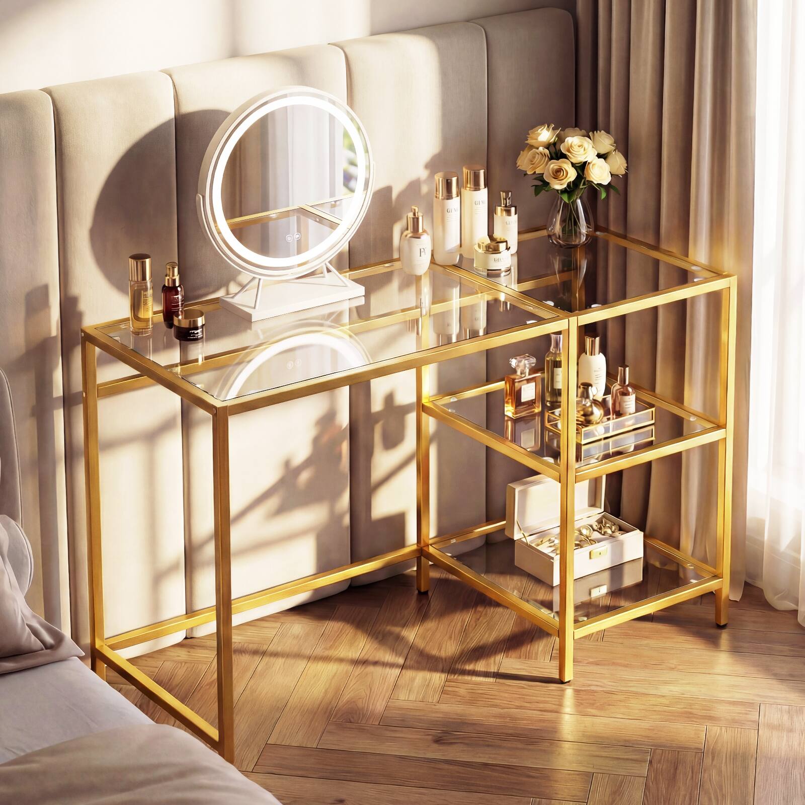 Alt View 3. Gymax - Gymax Computer Desk Tempered Glass Workstation Vanity Table w/ 2-Tier Storage Shelves - Gold.